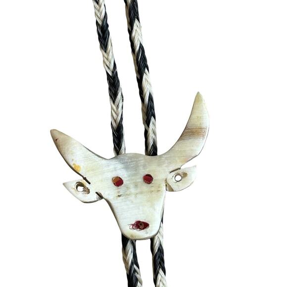 Vintage Horse Hair Bolo Tie Steer Head Western Longhorn   Skull Looks Handmade - Picture 1 of 9